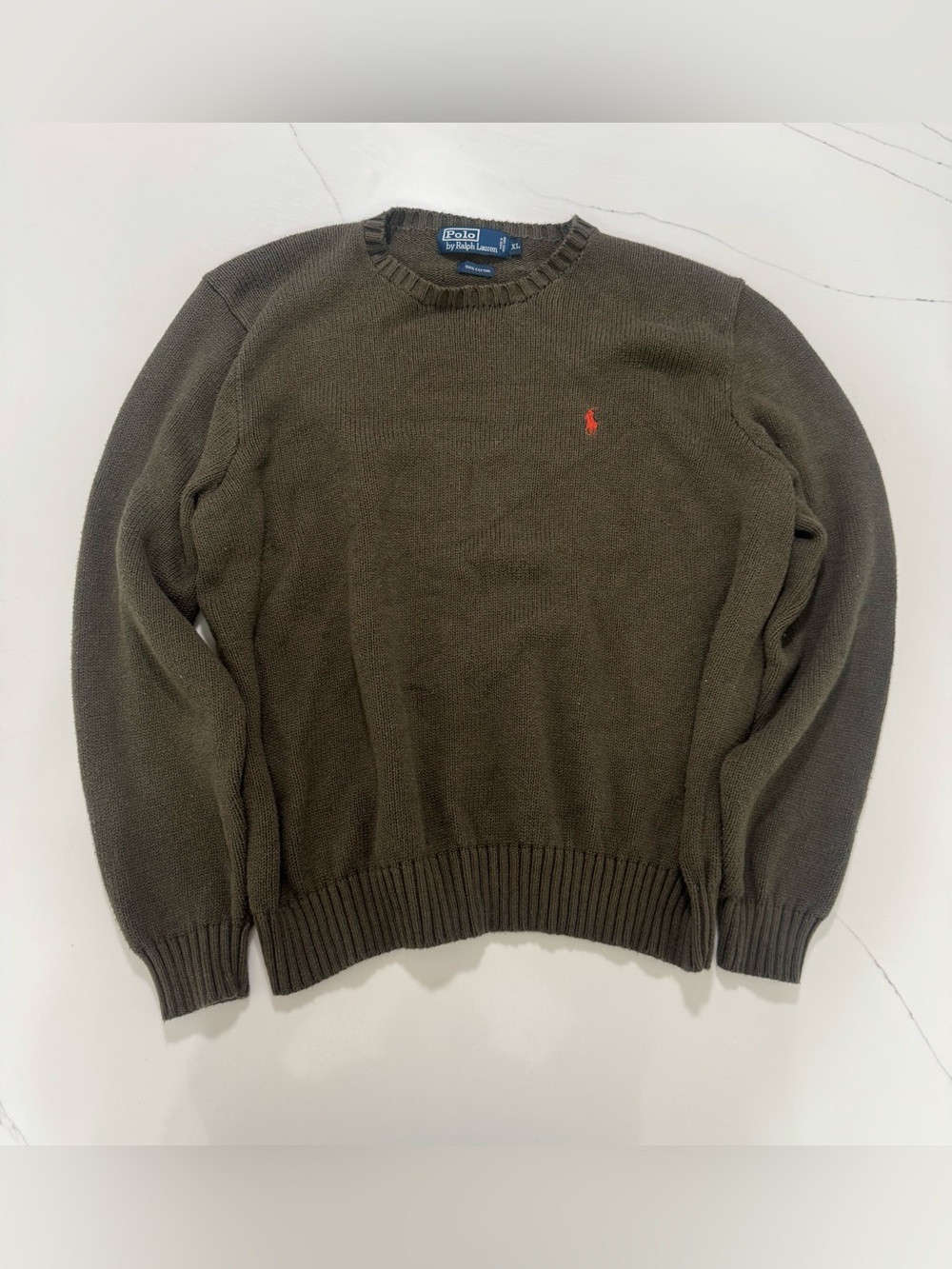 Polo Ralph Lauren Mens XL Brown Olive Cotton Knit Crewneck Sweater Red Pony
